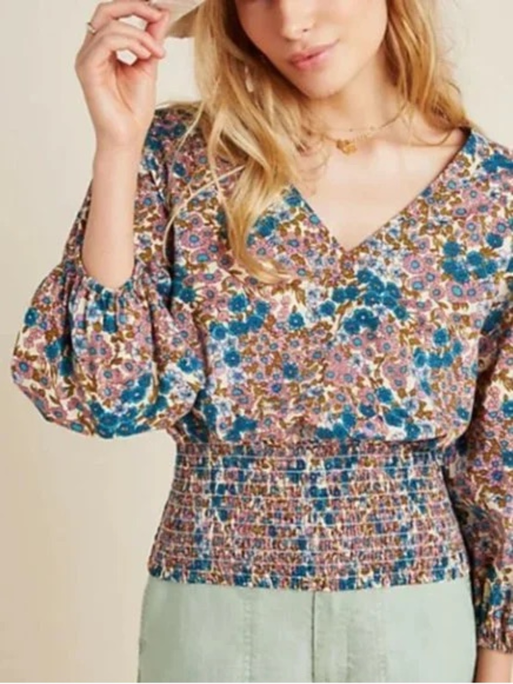 Maeve Odette Teal Olive Mauve Floral Smocked Waist Puff-Sleeve Top Floral Blouse